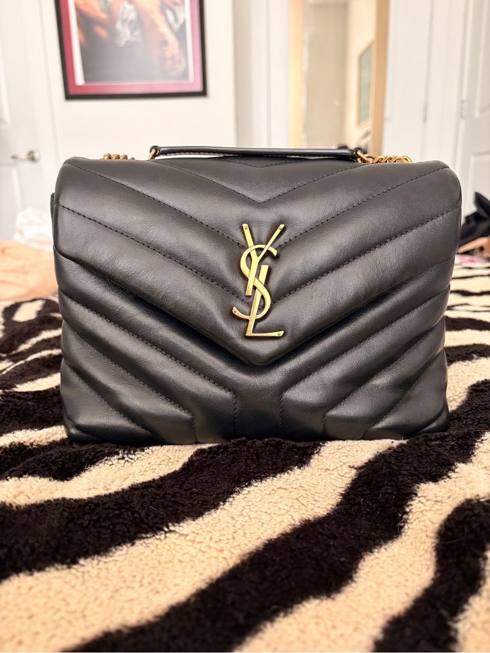 Saint Laurent Black Chevron Quilted Leather Shoulder Bag with Gold Hardware